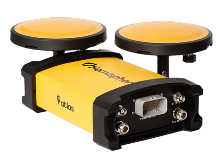VECTOR™ VR1000 GNSS 受信機の画像 黄色ベースのボディに縁が黒色の受信機で円盤型のものが二つ付いています。